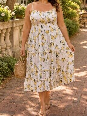 Torrid Plus Size White Yellow Floral Smocked Tiered Midi Dress Rayon Casual